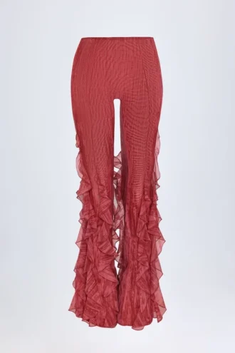 Pantaloni evazați cu talie medie și volane Felicity, cu imprimeu roșu Pantaloni evazați cu talie medie și volane Felicity, cu imprimeu roșu