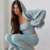 Pantaloni evazați cu tiv pliat din tricot gros, în nuanța Dusty Teal Pantaloni evazați cu tiv pliat din tricot gros, în nuanța Dusty Teal