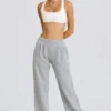 Pantaloni joggers cu talie medie și croi drept, în culoarea gri melanj Pantaloni joggers cu talie medie și croi drept, în culoarea gri melanj