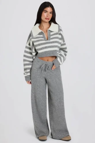 Pantaloni joggers din tricot cu talie medie și croi larg, în culoarea gri