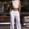 Pantaloni largi cu decupaje și curea Zaria, în culoarea alb