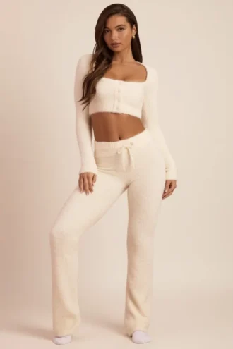 Pantaloni largi din tricot pufos Safia, culoare ivoriu