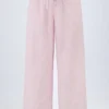 Pantaloni Piran din poplin de bumbac cu croi larg, cu dungi roz