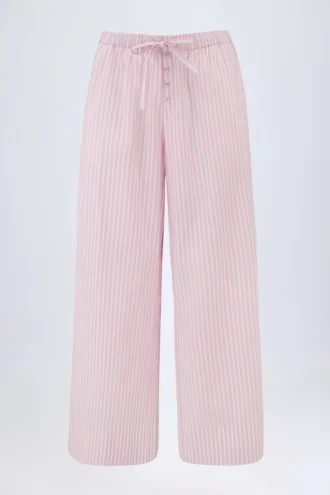 Pantaloni Piran din poplin de bumbac cu croi larg, cu dungi roz
