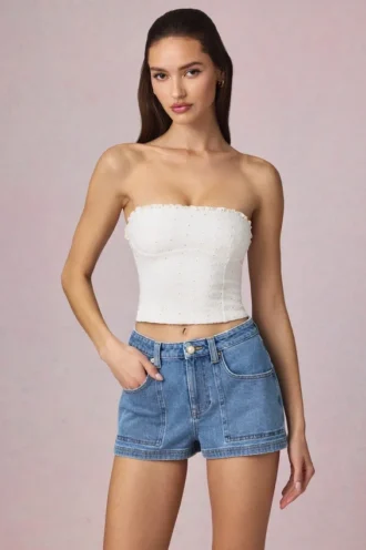 Pantaloni scurți Beata cu talie înaltă și croi în A, spălare albastru mediu