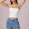 Pantaloni scurți Beata cu talie înaltă și croi în A, spălare albastru mediu Pantaloni scurți Beata cu talie înaltă și croi în A, spălare albastru mediu