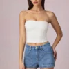 Pantaloni scurți Beata cu talie înaltă și croi în A, spălare albastru mediu Pantaloni scurți Beata cu talie înaltă și croi în A, spălare albastru mediu