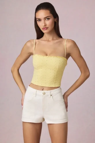 Pantaloni scurți Beata cu talie înaltă și croi în A, spălare Ecru