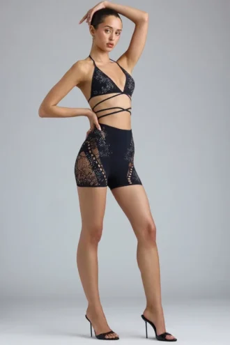 Pantaloni scurți cu talie înaltă și ornamente Bonnie, negri