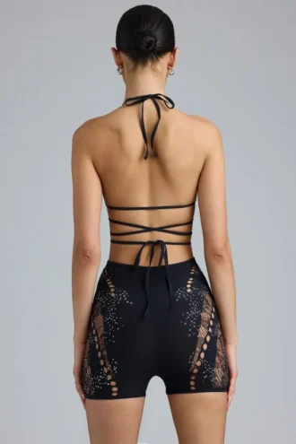 Pantaloni scurți cu talie înaltă și ornamente Bonnie, negri