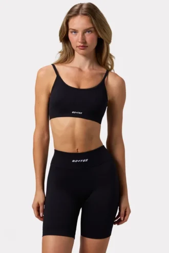 Sutien sport FlexiRib cu decolteu rotund și șireturi în spate, negru