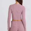 Pantaloni scurți din tricot cu nervuri, cu cordon, în nuanța mov Pantaloni scurți din tricot cu nervuri, cu cordon, în nuanța mov