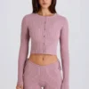 Pantaloni scurți din tricot cu nervuri, cu cordon, în nuanța mov Pantaloni scurți din tricot cu nervuri, cu cordon, în nuanța mov