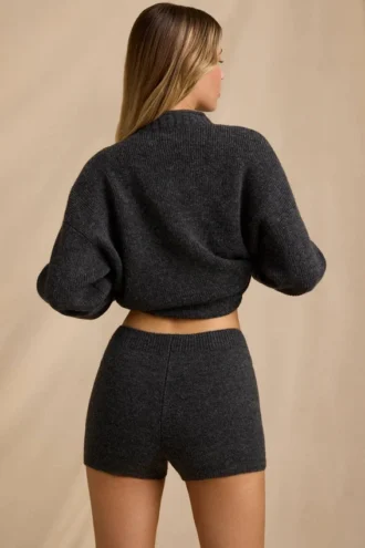Pantaloni scurți mini din tricot cu talie medie, maro melanj Pantaloni scurți mini din tricot cu talie medie, maro melanj