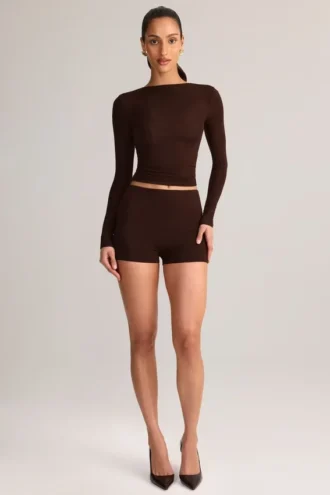 Pantaloni scurți mulati Noor Modal cu talie înaltă, în culoarea ciocolată