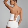 Pantaloni scurți Sabrine din jersey elastic, cu talie joasă, în culoarea albă Pantaloni scurți Sabrine din jersey elastic, cu talie joasă, în culoarea albă