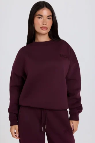 Pulover oversized cu guler rotund în culoarea Burgundy
