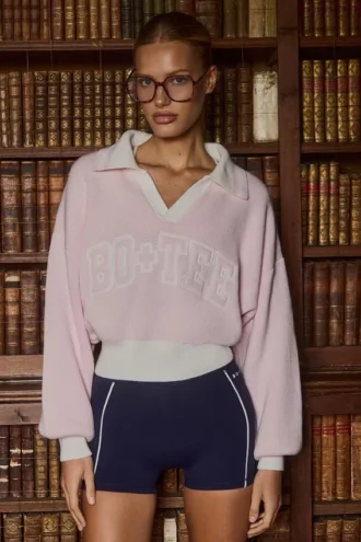Pulover oversized din jersey de bumbac cu guler în V, în nuanța Powder Pink