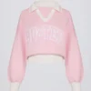 Pulover oversized din jersey de bumbac cu guler în V, în nuanța Powder Pink Pulover oversized din jersey de bumbac cu guler în V, în nuanța Powder Pink