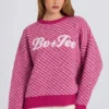 Pulover oversized din tricot cu logo, în roz magenta