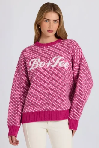 Pulover oversized din tricot cu logo, în roz magenta