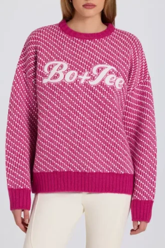 Pulover oversized din tricot cu logo, în roz magenta