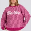 Pulover oversized din tricot cu logo, în roz magenta