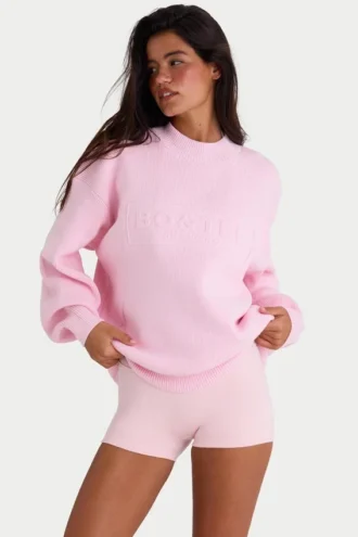 Pulover oversized din tricot cu nervuri, roz pal