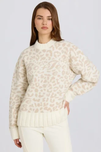 Pulover oversized din tricot jacquard, culoare Ice