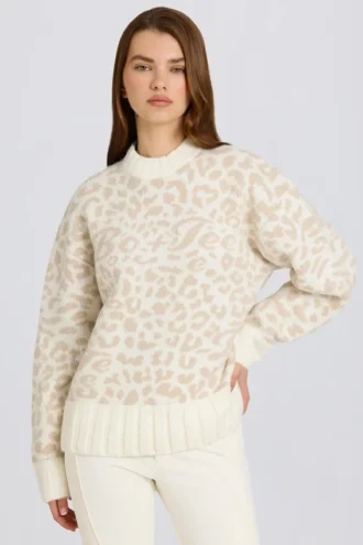 Pulover oversized din tricot jacquard, culoare Ice