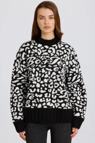 Pulover oversized din tricot jacquard, negru