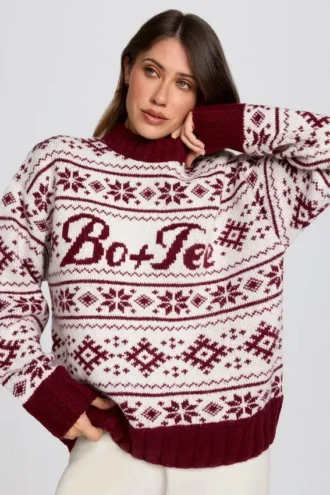 Pulover oversized din tricot jacquard, roșu crimson