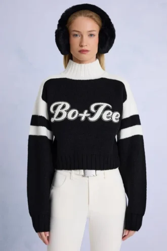Pulover scurt cu logo din tricot, negru