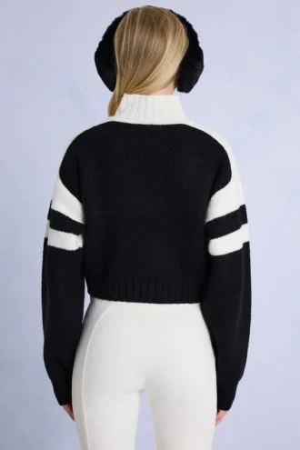 Pulover scurt cu logo din tricot, negru