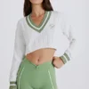 Pulover scurt din bumbac cu tricotaj în relief, în nuanța Green Ivory