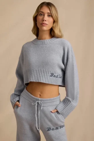 Pulover scurt din tricot cu nervuri, albastru deschis