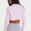 Pulover scurt din tricot cu nervuri și fermoar pe un sfert, în nuanța roz pudră Pulover scurt din tricot cu nervuri și fermoar pe un sfert, în nuanța roz pudră