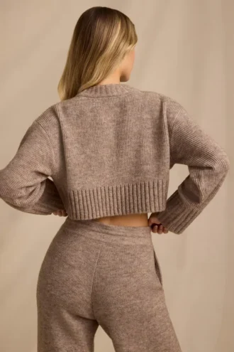 Pulover scurt din tricot cu nervuri, maro melanj