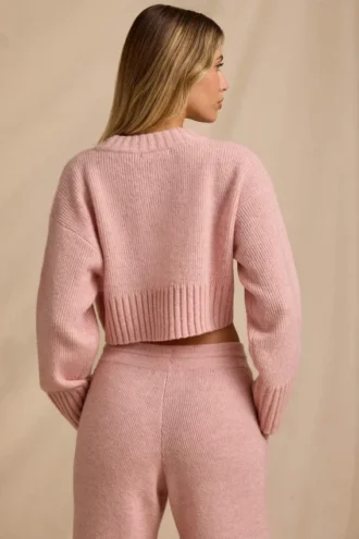Pulover scurt din tricot cu nervuri, roz pudrat