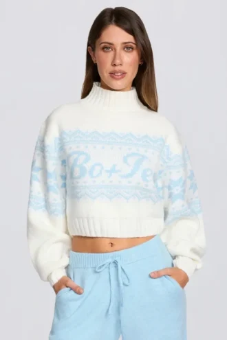 Pulover scurt din tricot jacquard, culoare Ivory