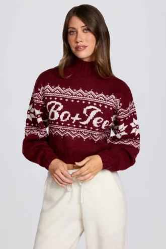 Pulover scurt din tricot jacquard în roșu crimson