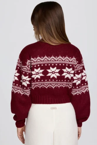 Pulover scurt din tricot jacquard în roșu crimson