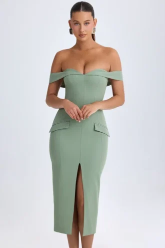 Rasine Rochie midi cu umerii goi, verde kaki Rasine Rochie midi cu umerii goi, verde kaki