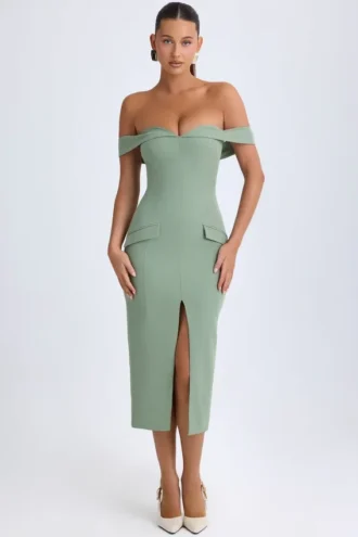Rasine Rochie midi cu umerii goi, verde kaki Rasine Rochie midi cu umerii goi, verde kaki