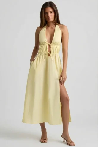 Rochie Aeris din poplin de bumbac, fără spate, lungime midi, în galben lămâie Rochie Aeris din poplin de bumbac, fără spate, lungime midi, în galben lămâie