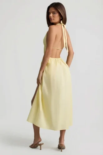 Rochie Aeris din poplin de bumbac, fără spate, lungime midi, în galben lămâie Rochie Aeris din poplin de bumbac, fără spate, lungime midi, în galben lămâie