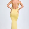 Rochie Aldona din jersey elastic cu aplicații florale, în galben pastel Rochie Aldona din jersey elastic cu aplicații florale, în galben pastel