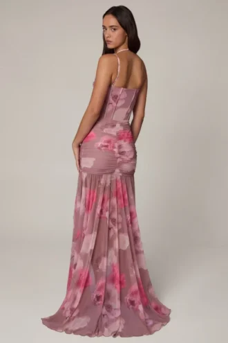 Rochie asimetrică cu corset și volane Haruna, cu imprimeu floral estompat Rochie asimetrică cu corset și volane Haruna, cu imprimeu floral estompat