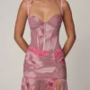 Rochie asimetrică cu corset și volane Haruna, cu imprimeu floral estompat Rochie asimetrică cu corset și volane Haruna, cu imprimeu floral estompat