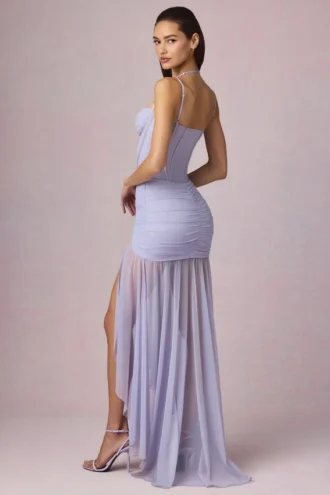 Rochie asimetrică cu corset și volane Haruna, în nuanța liliac Rochie asimetrică cu corset și volane Haruna, în nuanța liliac